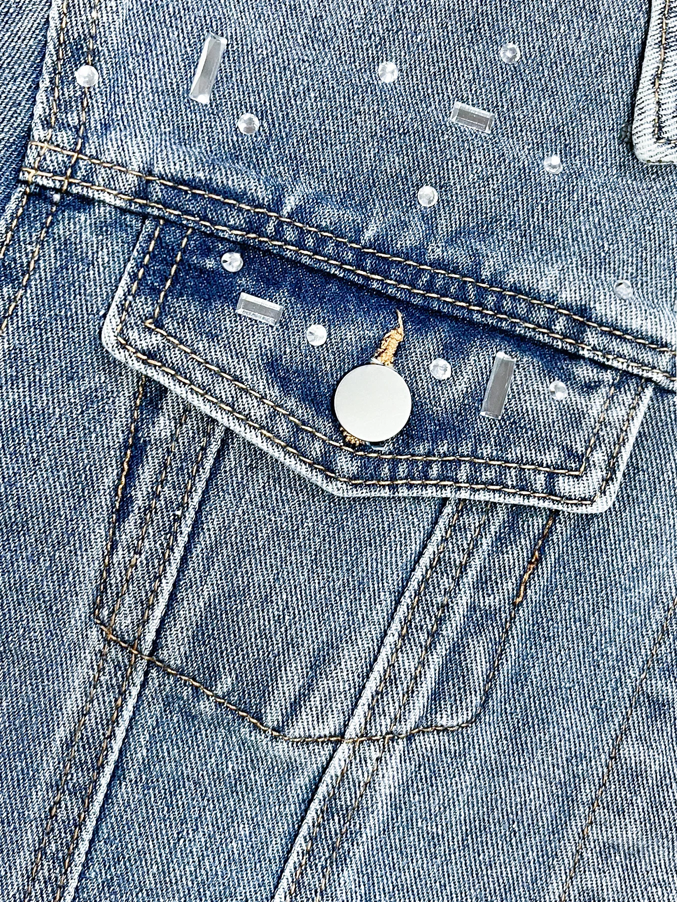 Women Rhinestone Studded Cropped Denim Jacket Lapel Button Pocket Vintage Washed Short Jean Coat Female Streetwear Spring Autumn - view 4