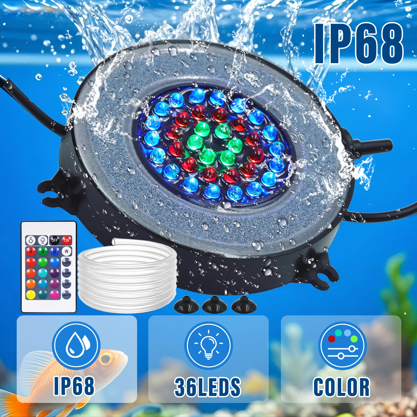 

RGB LED Aquarium Lights IP68 Waterproof Underwater Lamp With Remote Control 12V 36LEDs RGB Multicolour Oxygenated Bubble Lamp