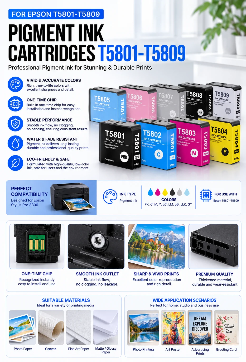T5801-T5809 For Epson Stylus Pro 3800 3880 Compatible Ink Cartridges With 80ML Full Pigment Ink Chip T580100 T580200 9Colors view 2