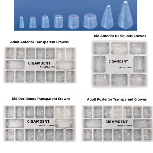 64 unids/caja coronas dentales transparentes dientes posteriores y anteriores deciduos para niños coronas dentales para adultos matriz temporal