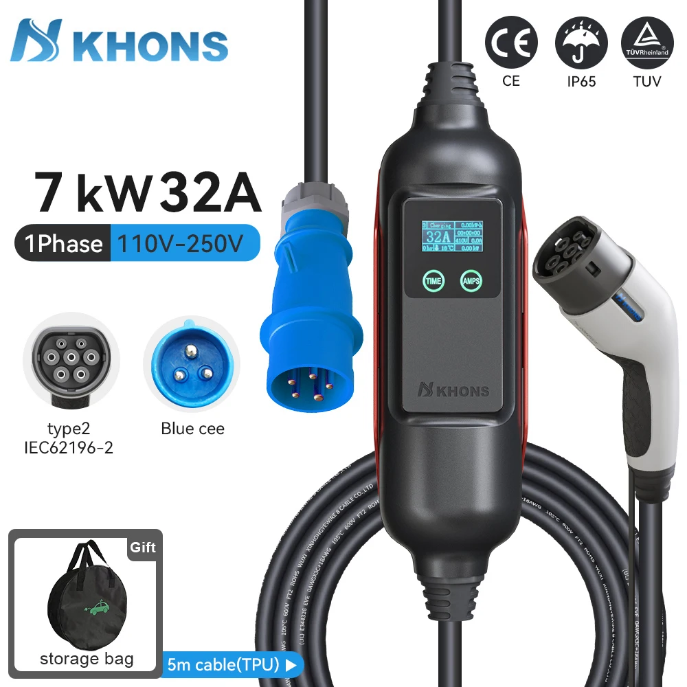 Khons EV Portable Charger Type2 7kw Electric Car Charger Charging Case 32A Single Phase Electric Car Charger Cable