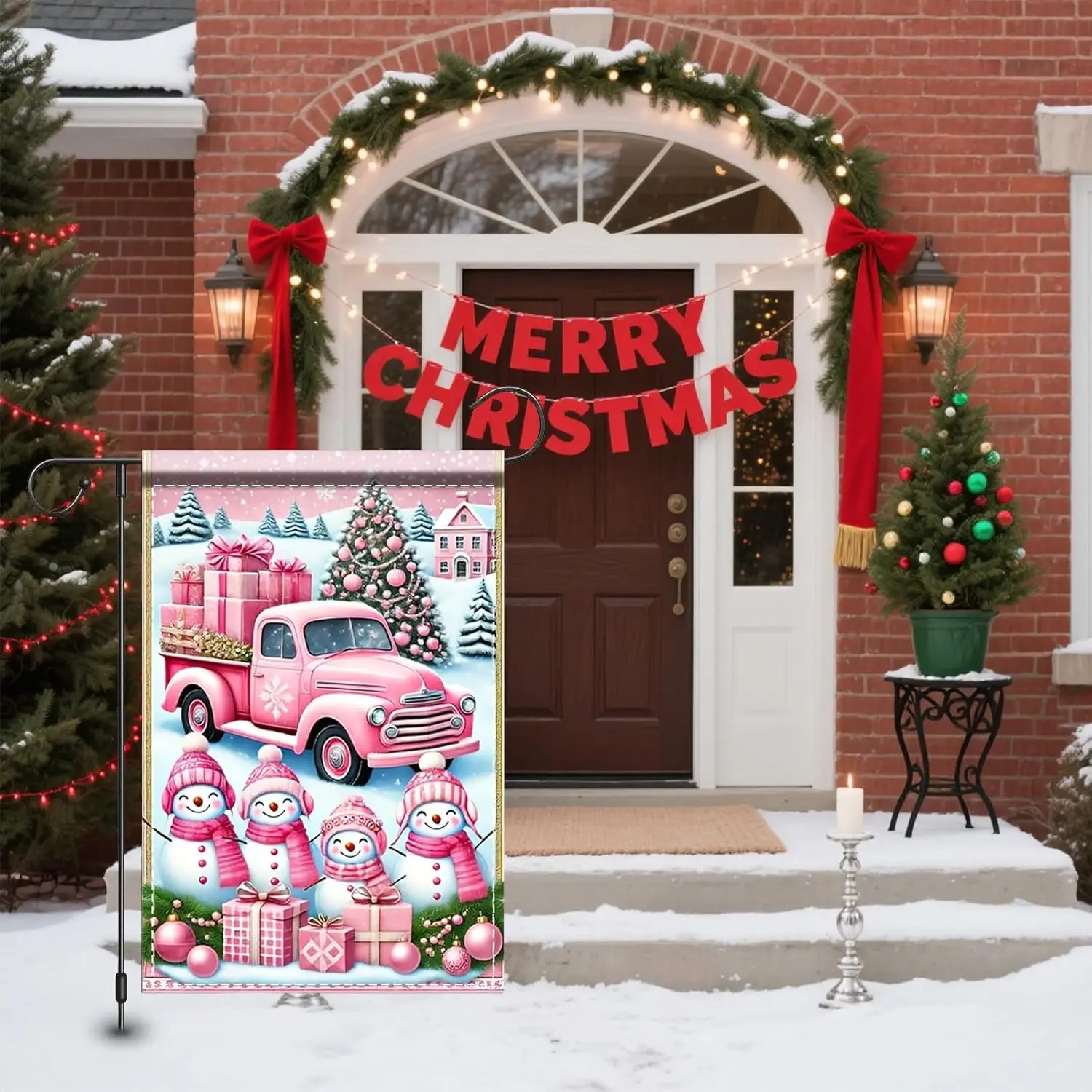 Nuxovilar Winter Garden Flag 12x18 Inch Double-Sided Pink Truck with Snowmen & Christmas Theme Polyester for Outdoor Law XXP SSL