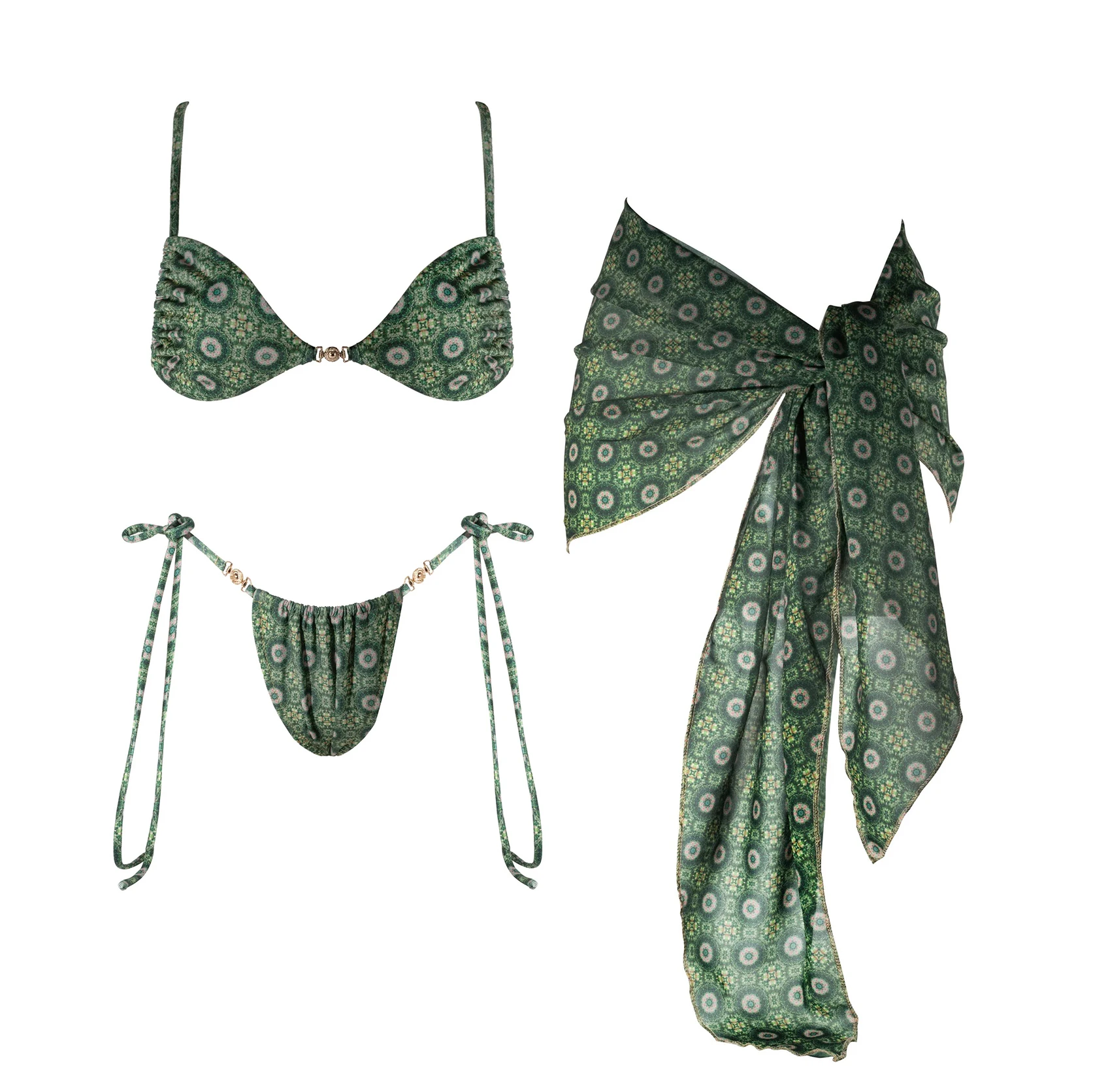 

3Pcs Bandeau Biquini Women Sexy Bikini 2025 Push Up Swimsuit Female Button Bathingsuit Retro Print Sarong Swim Suit Beachwear