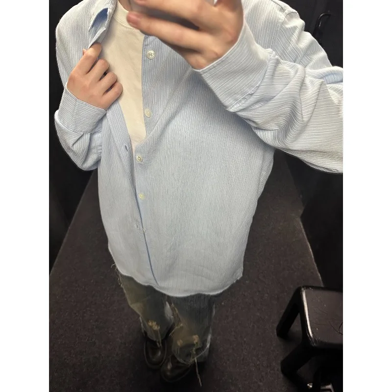 Our Legac Men Blue White Vertical Oversized Long Sleeve Casual Blouse Daily Basic Tops Men's Clothing
