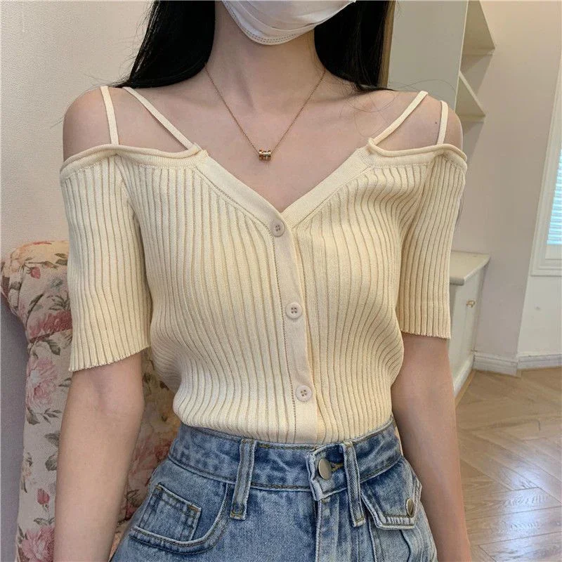 Summer Sexy V Neck Off Shoulder Camis Women Korean Chic Knitted Thin Spaghetti Strap Top Slim All Match Ladies Tees ZT692