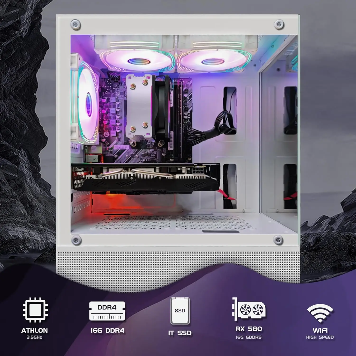 كمبيوتر مكتبي للألعاب، AMD Athlon 3000G 3.5G، Radeon RX 580 16G GDDR5، 16G DDR4، 1T SSD، 600M WiFi، BT 5.0، RGB Fan x 3، جديد