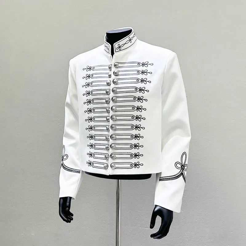 Men's Embroidered Military Court Jacket with Ornate Metal Button Front for Club Nights, Photoshoots and Live Performances
