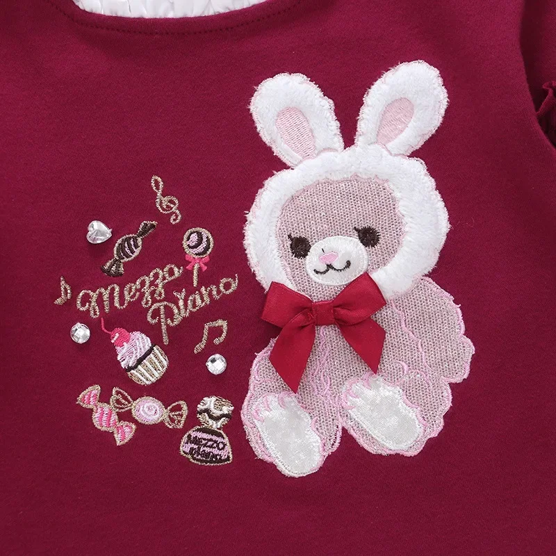 2023 Spring & Autumn  Pianist Kids Clothes Girl Cartoon Bunny Bear Embroidered Lace Collar Long Sleeve T-Shirt Top 2 Colors