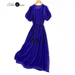 Sapphire Color Light Luxury 30% Natural Mulberry Silk Velvet Round Neck Short Sleeved Women's Fashionable Slit Evening Dress