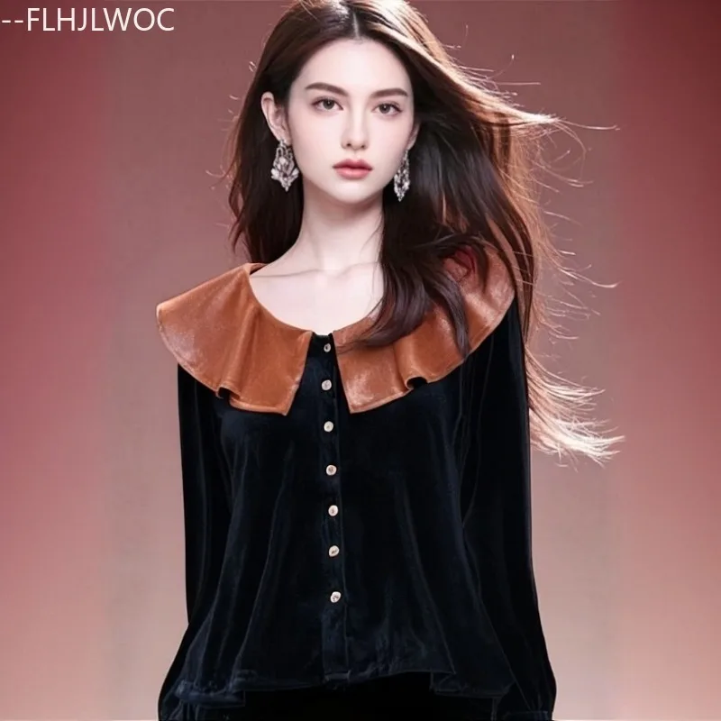

Christmas New Year Ruffles Tops Blouses New Woman Autumn Winter Basics Long Sleeve Cute Sweet Girls Solid Retro Vintage Shirts