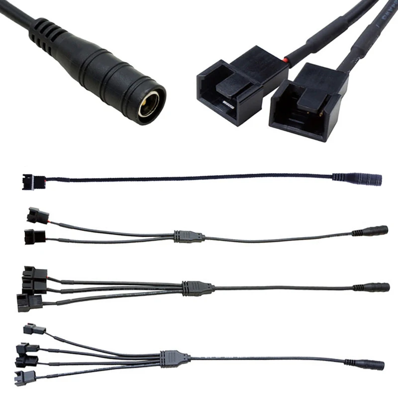 New DC 5.5*2.1 mm Female To 4 Pin Pwm Fan Adapter Cable 1 to 4/3/2/1 Ways Computer PC Fan Power Supply Connector Cable 12V Black