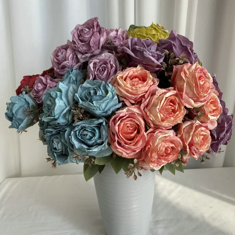 

43CM Artificial Flower Ground Wool Cloth with 7 Forks and Burnt Edges Rose Home Decoration Wedding Silk Flower