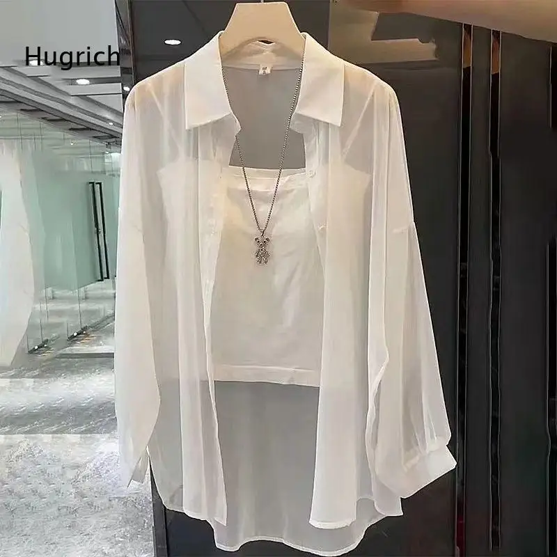 Women's Sheer Long Sleeve Button Down Shirt See Through Chiffon Blouse Loose Fit Casual Beach Cover Up Top for Summer Holiday