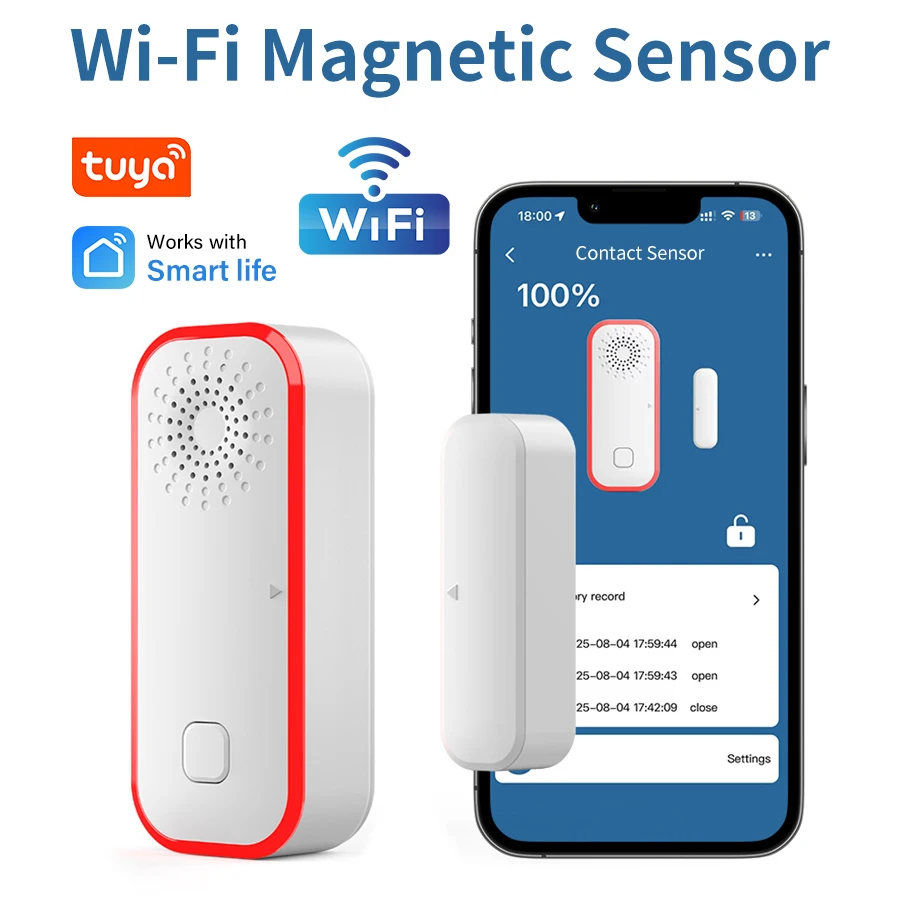 Tuya WiFi Smart Tür- und Fenstersensor-Alarm, batteriebetrieben, offen, geschlossen, Detektor, Ton- und Lichtalarm, funktioniert mit Smart Life
