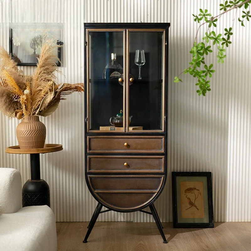 American retro old wrought iron dining side cabinet, French simple multi-functional glass cabinet, living room storage