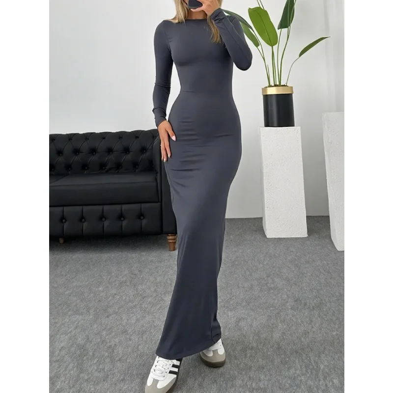 Y2K sexy heupknuffelende dames herfst- en winterslanke stretch lange jurk met ronde hals