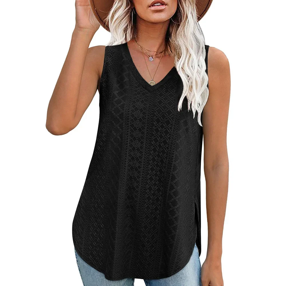 Casual Summer Hollow Out V Neck Sleeveless Blouses for Women Fashion Elegant Loose Tank Tops for Women Solid Pullover Tunic