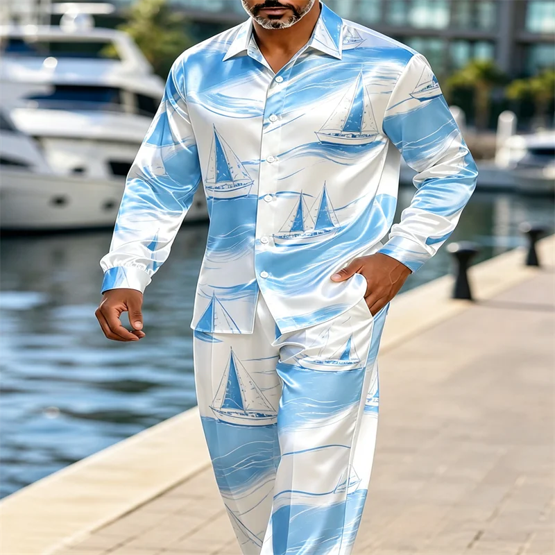 Men's two-piece satin sailboat and wave print long-sleeved collared button-down shirt + trousers suit, vacation casual set