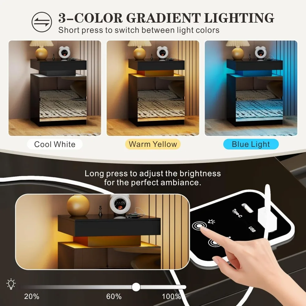 LED Nightstand Set of 2 - Bedside Table with Charging Station and 2 Mirrored Drawers Sliding Top with Magnetic Lock - Modern - view 5