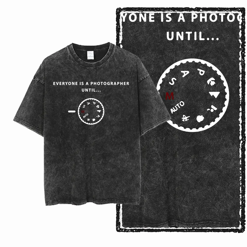 Washed Distressed Men's Photographer T-Shirt Photography Black Cotton Camera Lover Graphic Print Cotton Tee Shirt