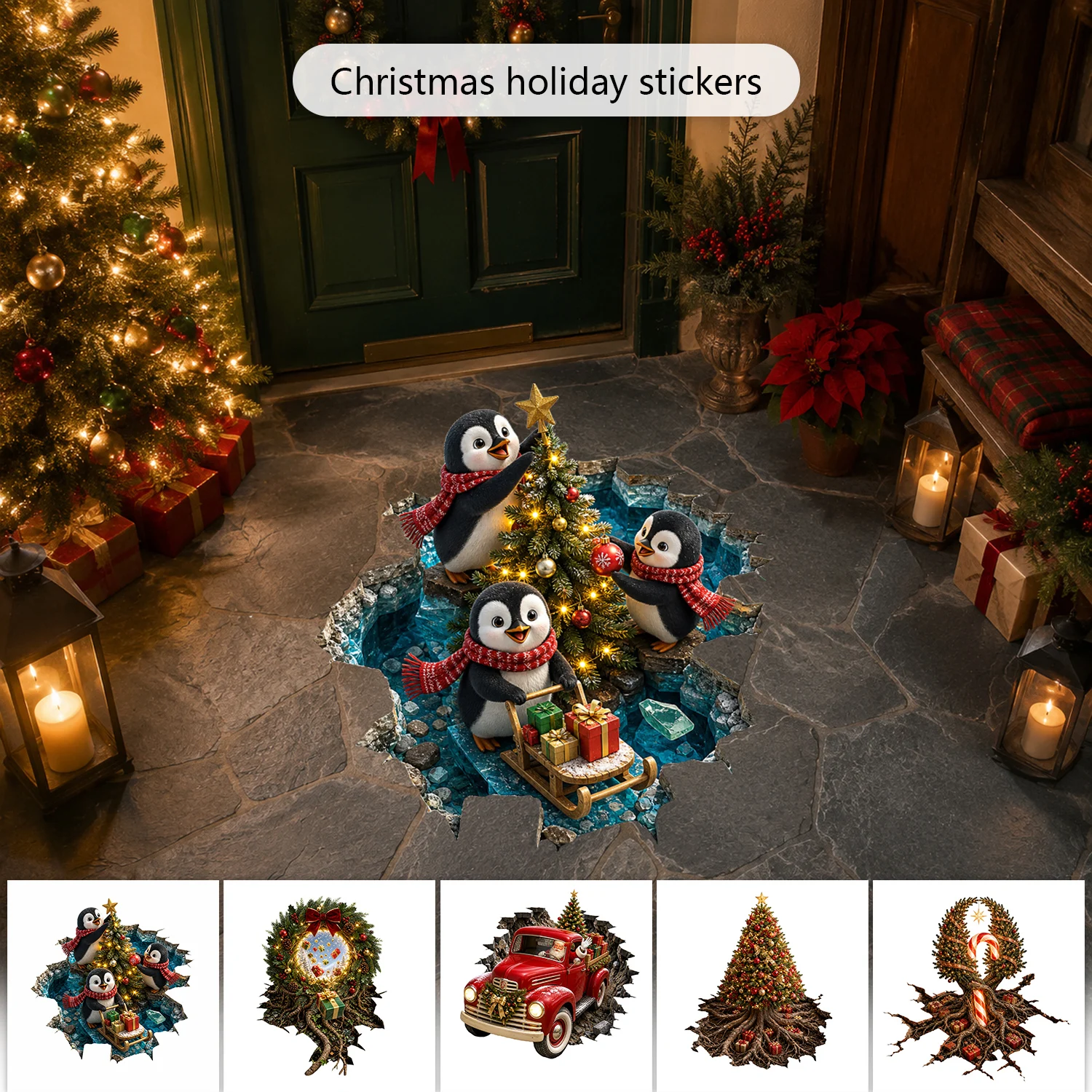 20 Styles 3D Broken Wall Christmas Wall Sticker Santa Claus Snowman Party Festival Decoration Peel & Stick Art Mural Wall Decals