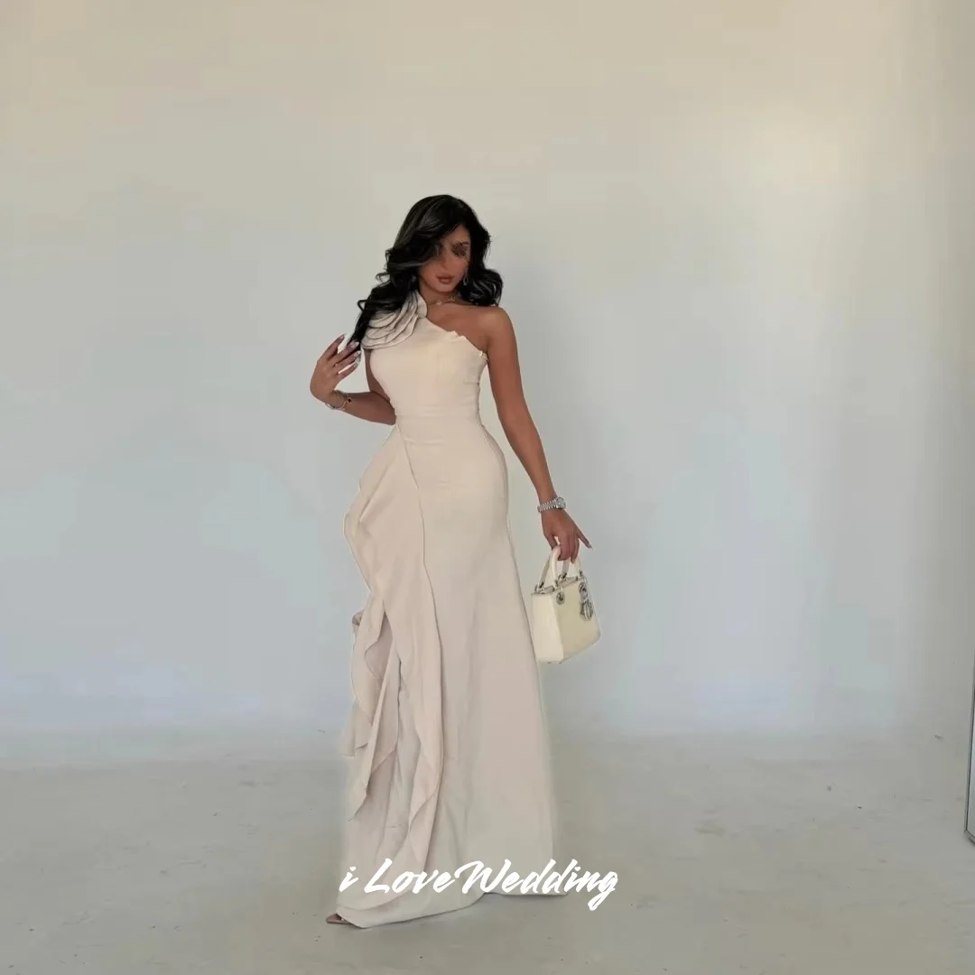 One-Shoulder-Abendkleider 2022, ärmellos, 3D-Blumen, Meerjungfrau, mehrschichtig, bodenlang, plissiert, Hochzeitskleid, individuell anpassbar