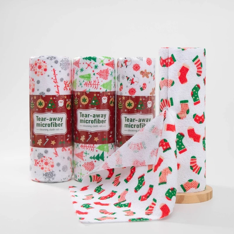 

Christmas Microfiber Cleaning Cloth 20pcs/Roll - Tearable Reusable Dish Towels (Tree/Snowflake/Snowman/Sock), Kitchen Gift