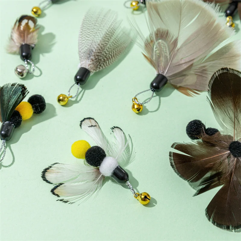 

Simulation Feather Cat Toys Replacement Head Wire Wands Teaser Wand with Bell Kitten Interactive Play Catching Training Supplies