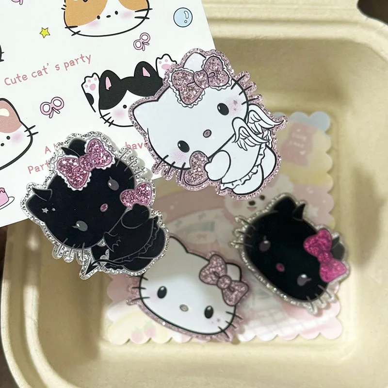 

Аниме-аксессуары для волос Hello Kitty: черно-белые заколки с блестками в виде кошки-ангела и дьяволенка, милые мультяшные украшения для девочек, аксессуары для макияжа