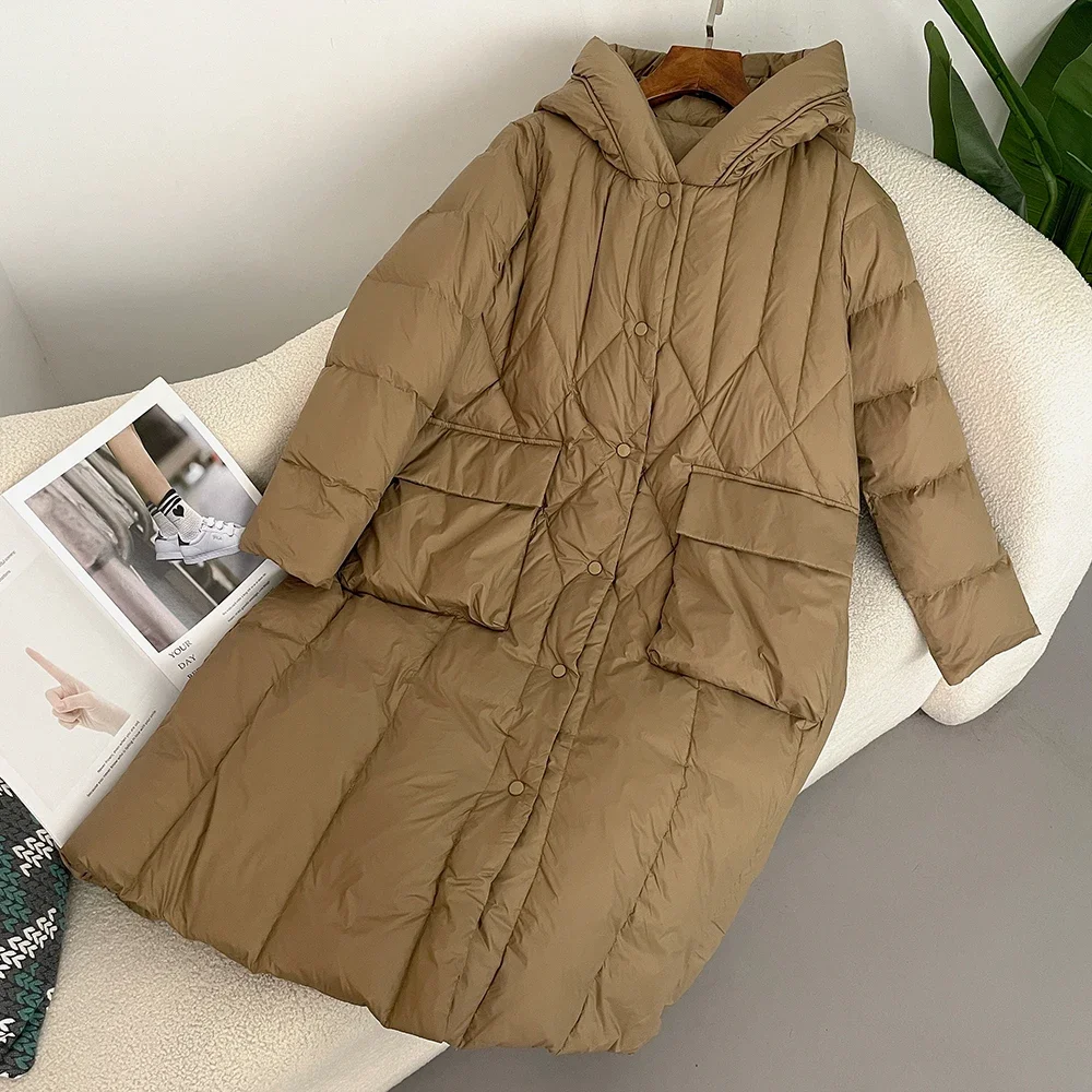 

Women 2025 Autumn Winter Down Jacket Korean Style Casual Thickened Warm Hooded Long Puffer Jacket White Duck Down Filling