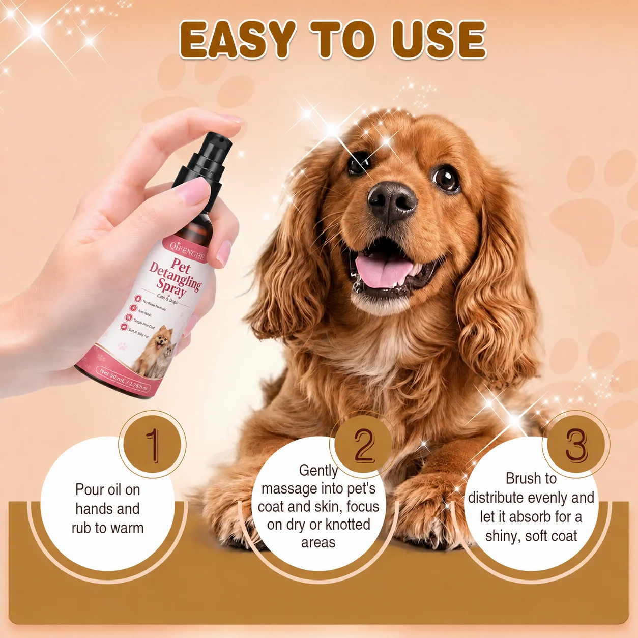 No Rinse Pet Detangler Spray for Long Hair Dogs Cats Removes Mats Knots Reduces Static Softens Fur Daily Grooming Care 50ml
