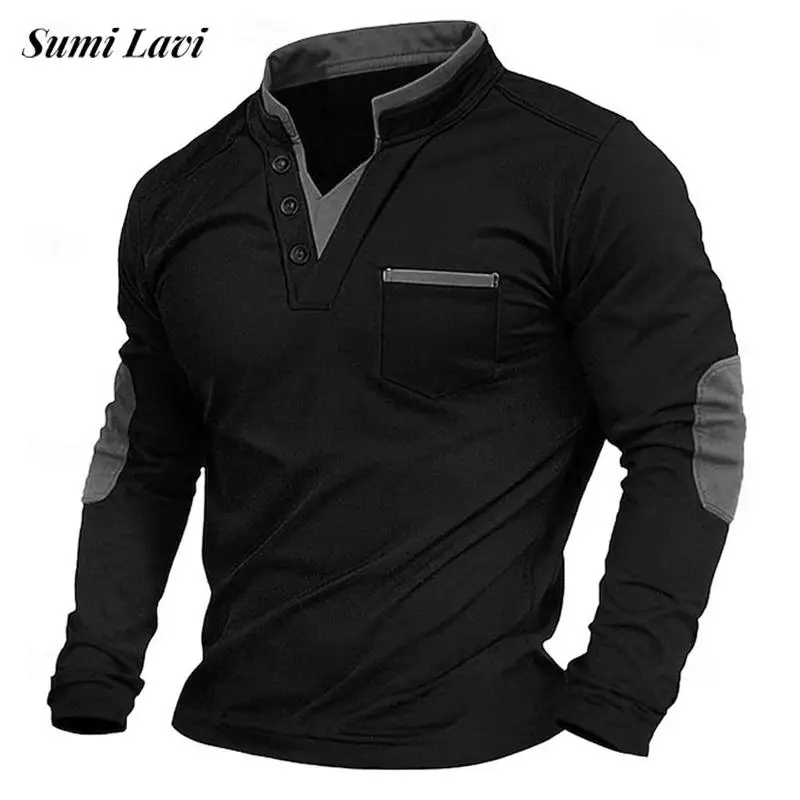 Casual Mens Long Sleeve T-shirts Sports Fitness V Neck Patchwork Pullover Tops Men 2025 Spring Autumn Fashion Buttoned T Shirt