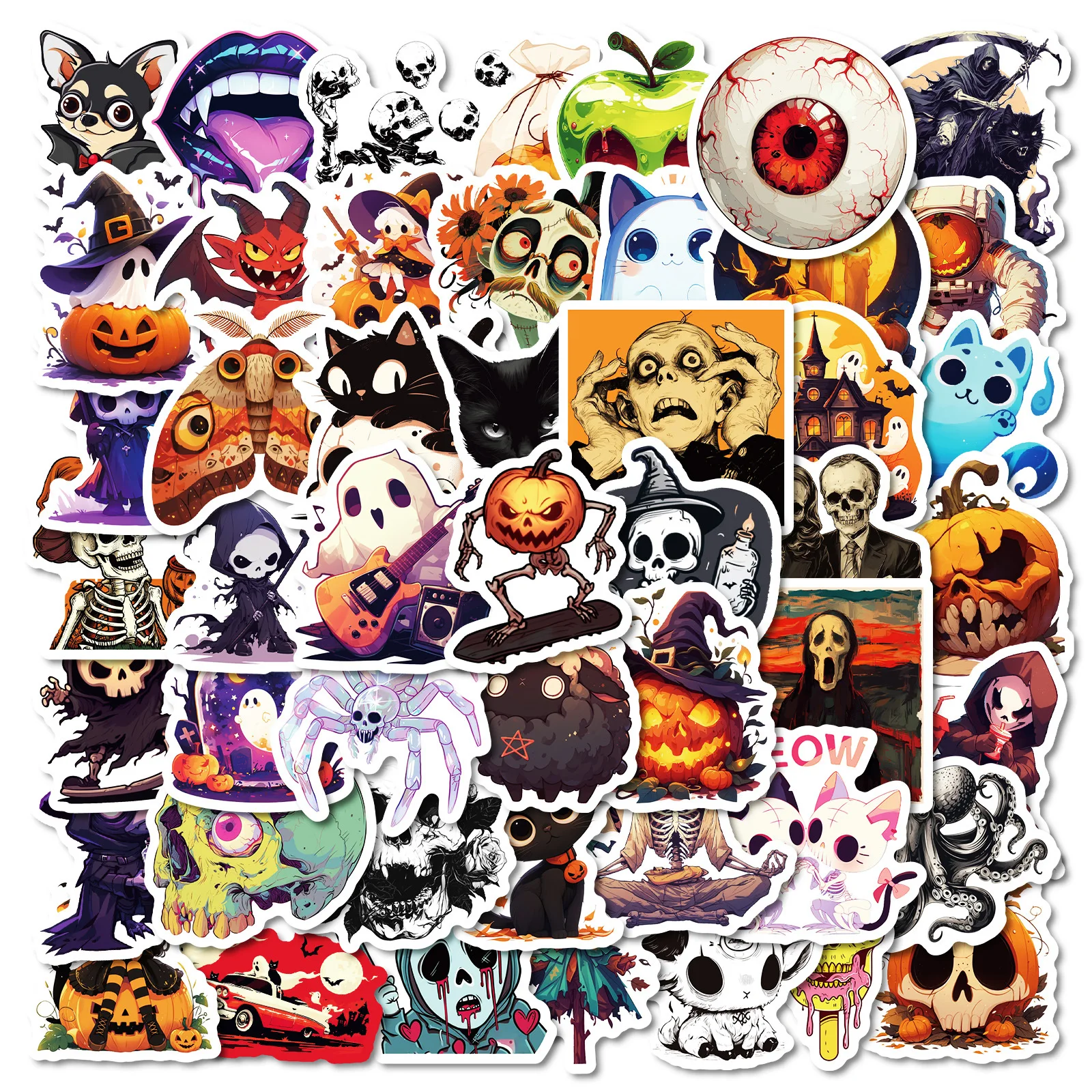 50Pcs Halloween‑Themed Cartoon Aesthetic Stickers with Eyeball & Spider Patterns for Luggage, Guitars & Notebooks
