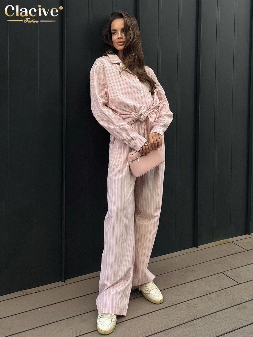 Clacive Fashion Loose Pink Stripe 2 Piece Set Women Elegant Long Sleeve Shirt With High Waist Wide Pants Set Female Streetwear
