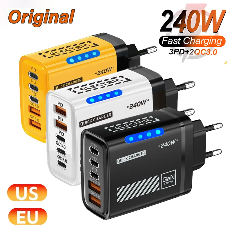 

Быстрое зарядное устройство для телефона Xiaomi 240 Вт GaN, 5 портов, 3 USB, 2PD, настенное зарядное устройство QC 3.0, адаптер для iPhone, Samsung, Xiaomi, США, ЕС