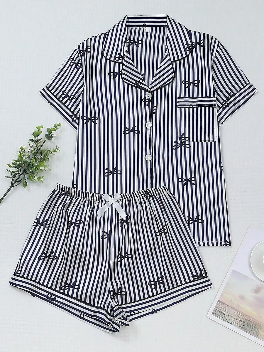 

2PCS Satin Striped Bow Print Short Sleeve Collar Top And Shorts Women Pajama Set Spring Summer