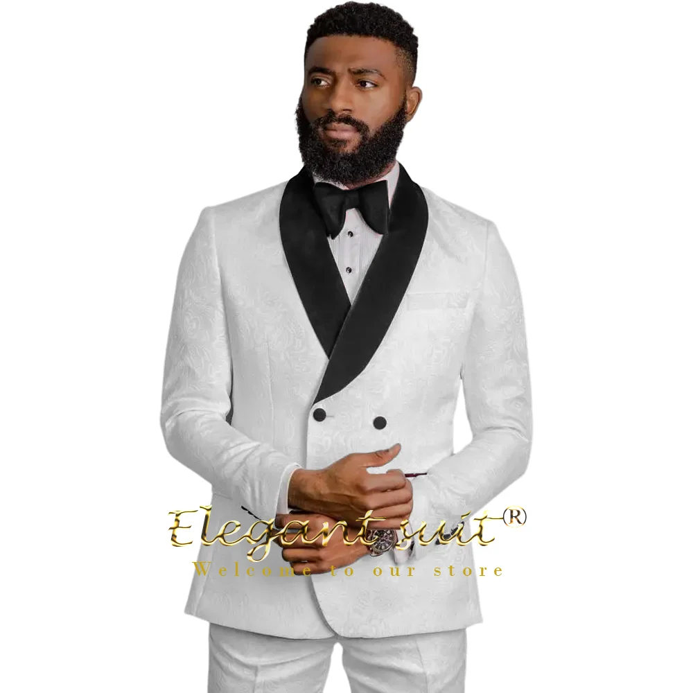 

Men's white jacquard shawl collar elegant suit (double-breasted jacket and trousers) custom made wedding cocktail tuxedo