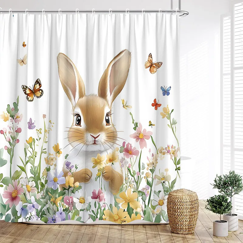 Funny Easter Shower Curtains Cute Bunny Rustic Butterfly Floral Rabbit Eggs Fabric Home Bathroom Curtain Decorative With Hooks