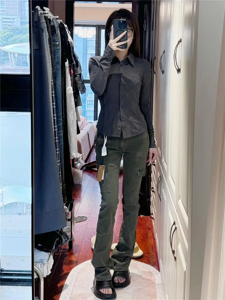 Military Green Workwear Jeans Women's Low Waist Bell Bottom Extended Length Floor Sweeping Pants Slimming Tight Fit Spring Au...