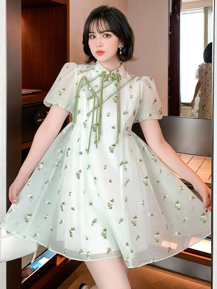 

MIUCO Retro Stand Collar Tassel Button Puffy Sve High Waist Embroidered A-Line Dr for plus Size Women Summer OL Sle