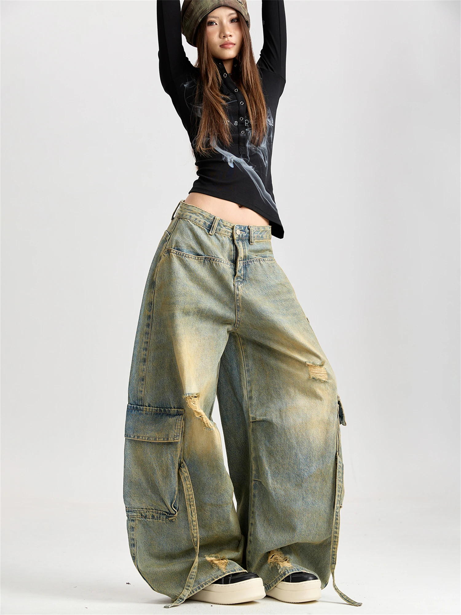 Calça jeans feminina cintura alta perna larga vintage lavada cargo angustiada rasgada multi-bolso com alças y2k streetwear calças jeans