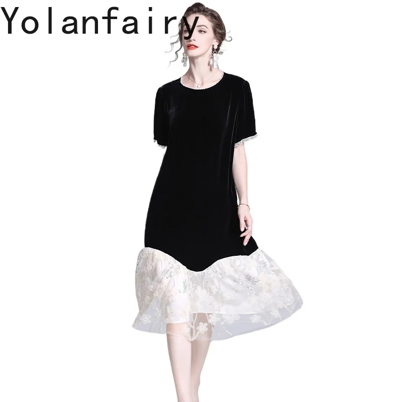 

YOLANFAIRY Real Mulberry Silk Velvet Dress for Women Autumn Short Sleeve Elegant Birthday Dresses Loose Black Long Dress Vestido