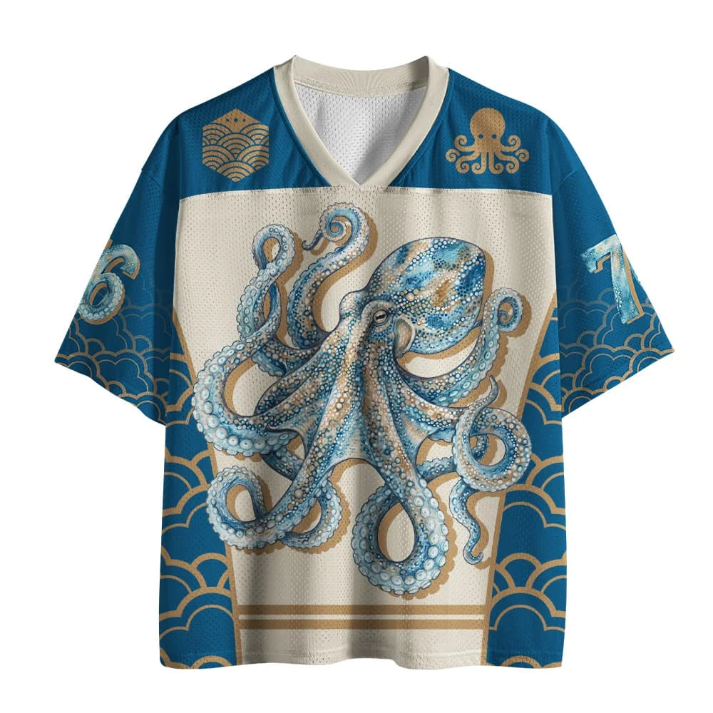 Japanese Ocean Octopus Printed Mesh Ice Hockey Jersey Unisex Ukiyo-e Ocean Art V-neck Loose Short Sleeve Retro