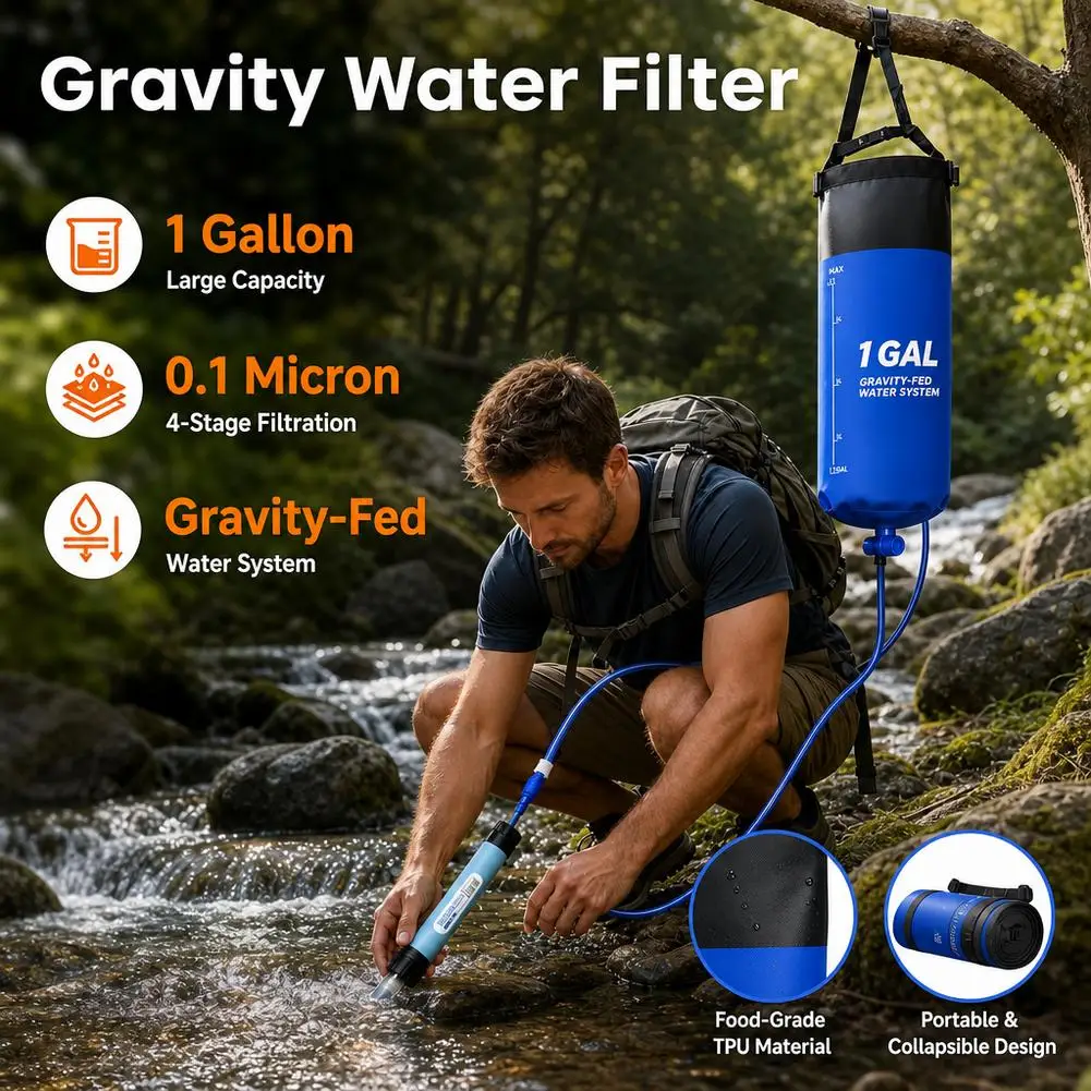 1Gallon Drinking Water Bag TPU Filter Gravity Foldable Waterbag UF Replaceable Filters Bucket Bag Hiking Camping Tools