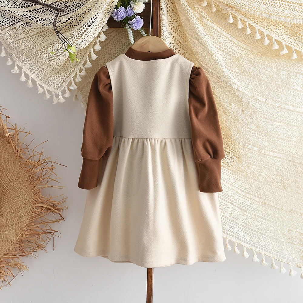 Bear Leader Autumn/Winter Korean Fashion Retro Girls Clothes Coffee Color Long Sleeved High Neck Top+Lapel Beige Vest Dress