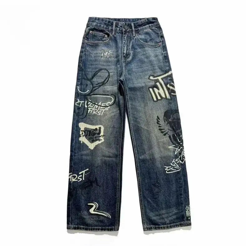 Trendy Printed Straight Leg Men's Jeans High Street Graffiti Hand-Painted Design Loose Long Trousers Autumn Winter Cotton Pol...
