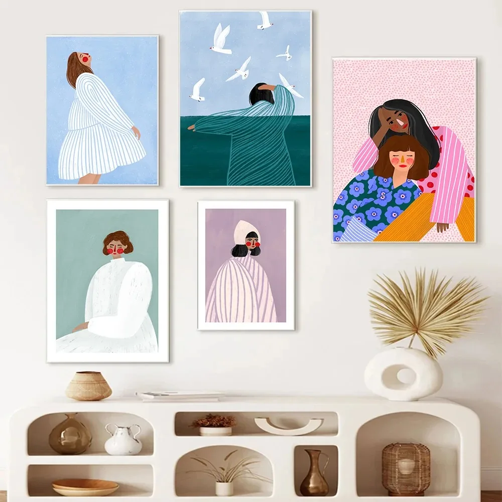 1pc Unframed Abstract Minimalism Cartoon Girl Mom Daughter Illustration Posters Canvas Paintings Wall Art Pictures Children's Ro