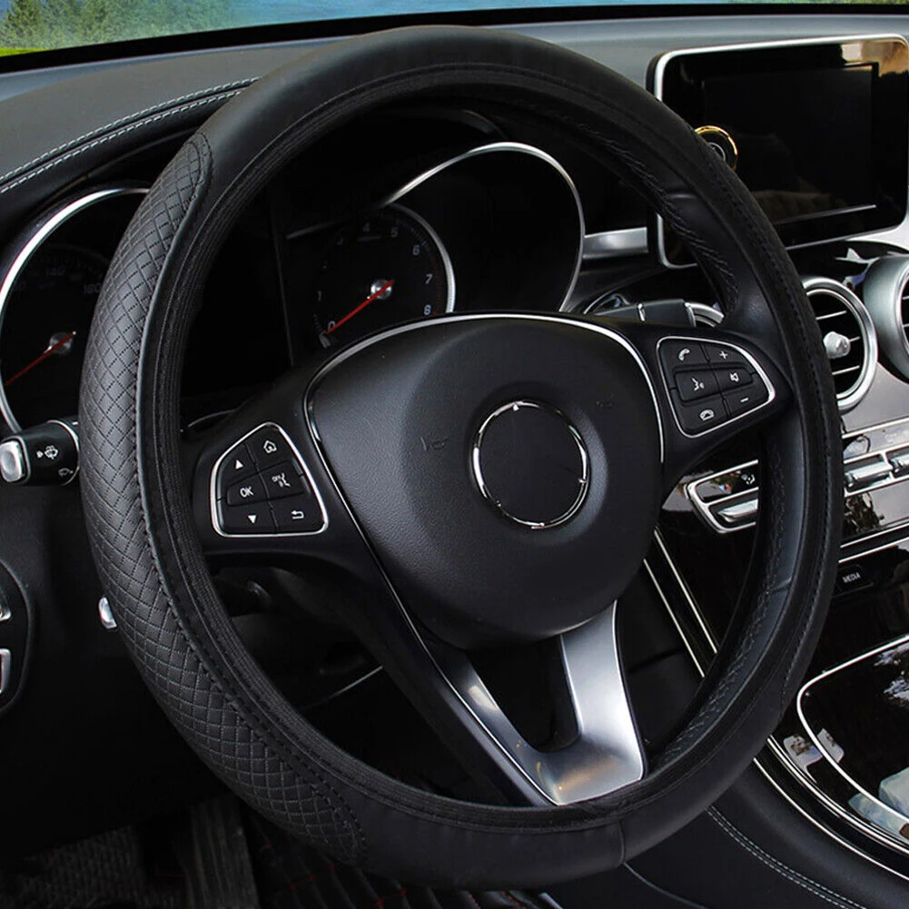 Upgrade Your Driving Experience with Our Breathable Leather Auto Steering Wheel Cover Black Fits 15\ Steering Wheels