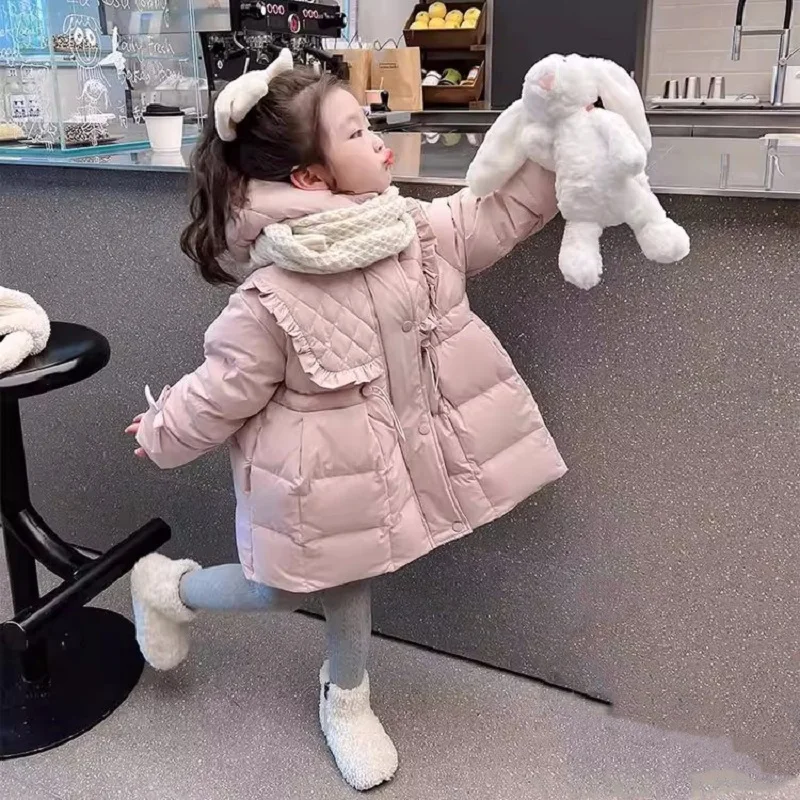 Winter Warm Girls Sweet Pink Waist-Slimming Hooded Zipper Puffer Jackets School Kids Coat Top Children Outfit Windbreaker 2-12Yr