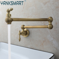 YANKSMART Antique Brass Kitchen Faucet Wall Mounted Bathroom Basin Torneira 360 Swivel Rotate Folding Spout Sink Washing Tap